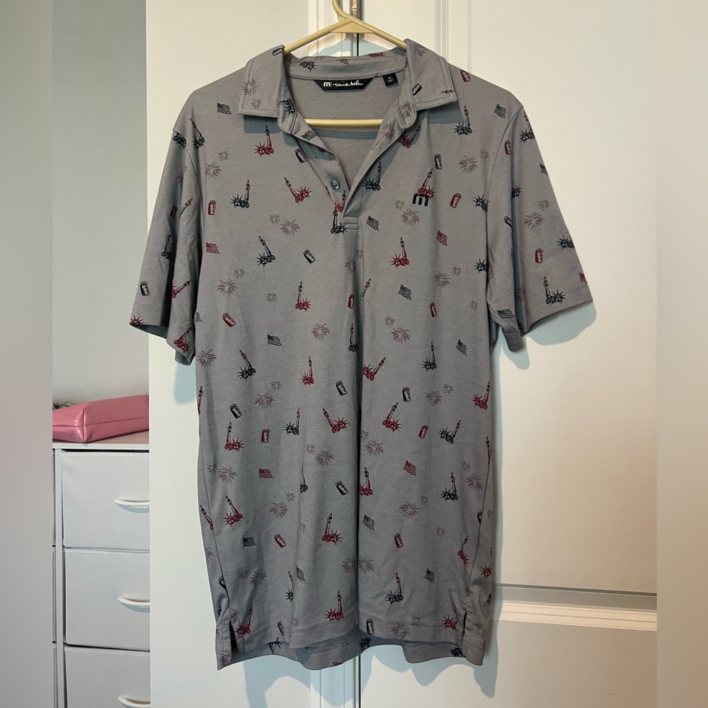 TravisMathew Justice In Beer Polo Mens M Gray Golf Shirt Patriotic Print - Picture 2 of 10